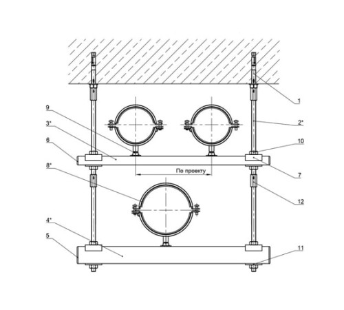 Крепления нескольких трубопроводов к перекрытию в Могилёве